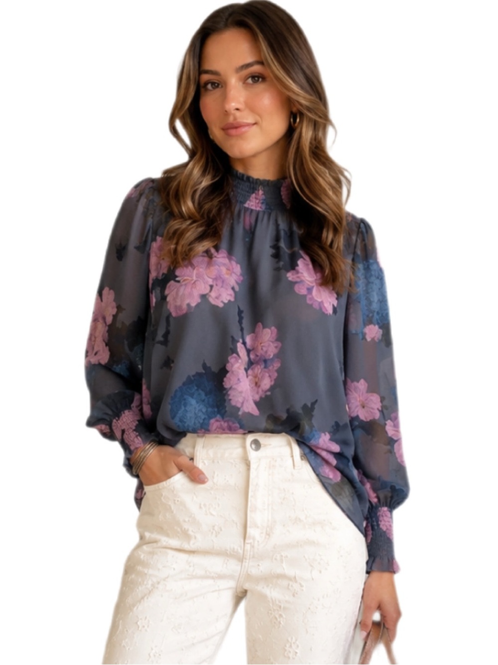 Aritzia Wilfred Valencia Floral Chiffon Blouse Gray Pink Small EUC